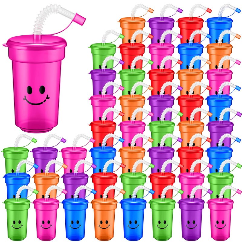Mumufy Kids 12 oz Neon Cups Bulk Laugh Face Neon Colorful Plastic Cups Reusable Summer Birthday Supplies Kids End of the Year Present for Students(48 Pcs)