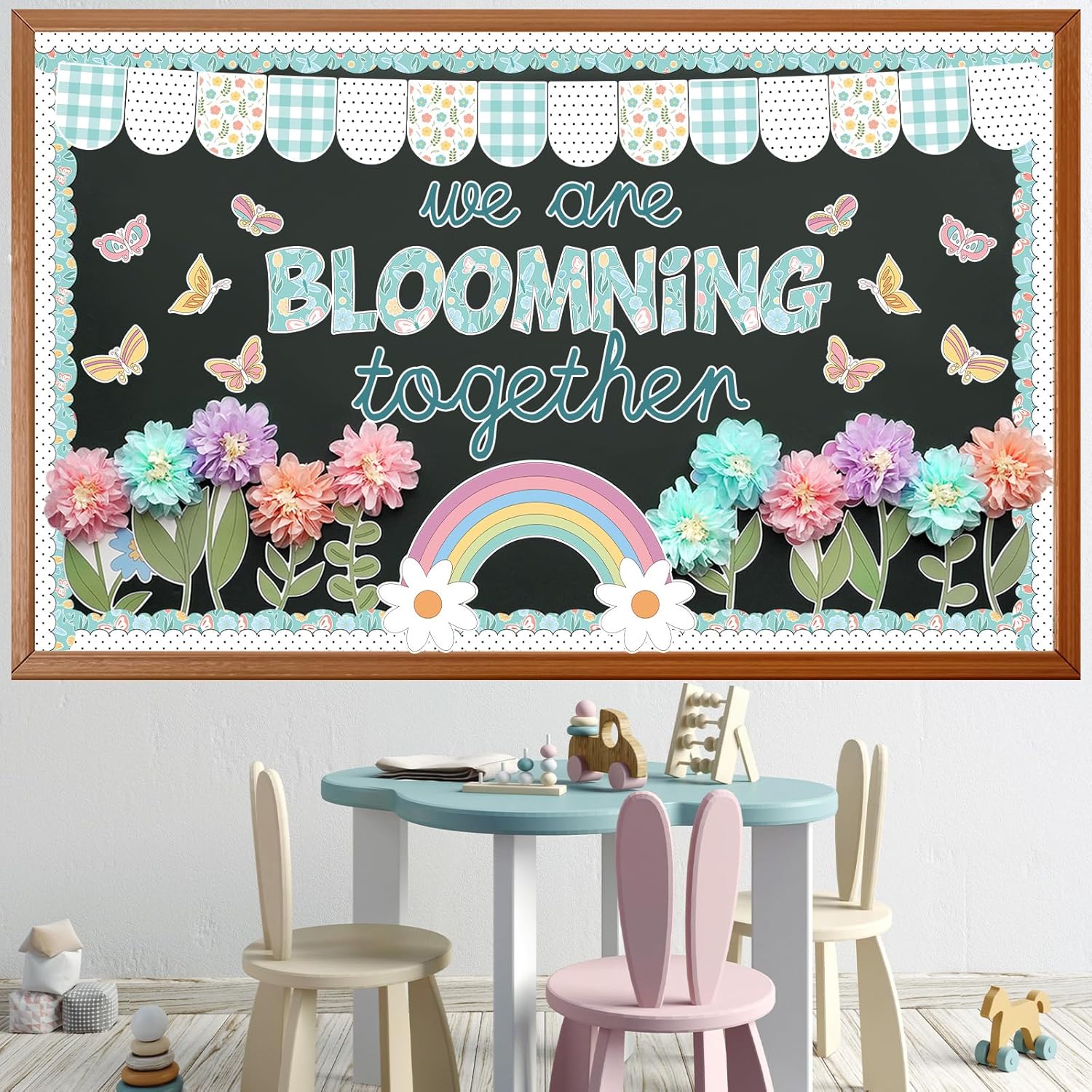 Skiennix Flower Bulletin Board Decorations - 3D Tissue Paper Pompoms & Butterfly Cutouts | Floral Classroom Decor