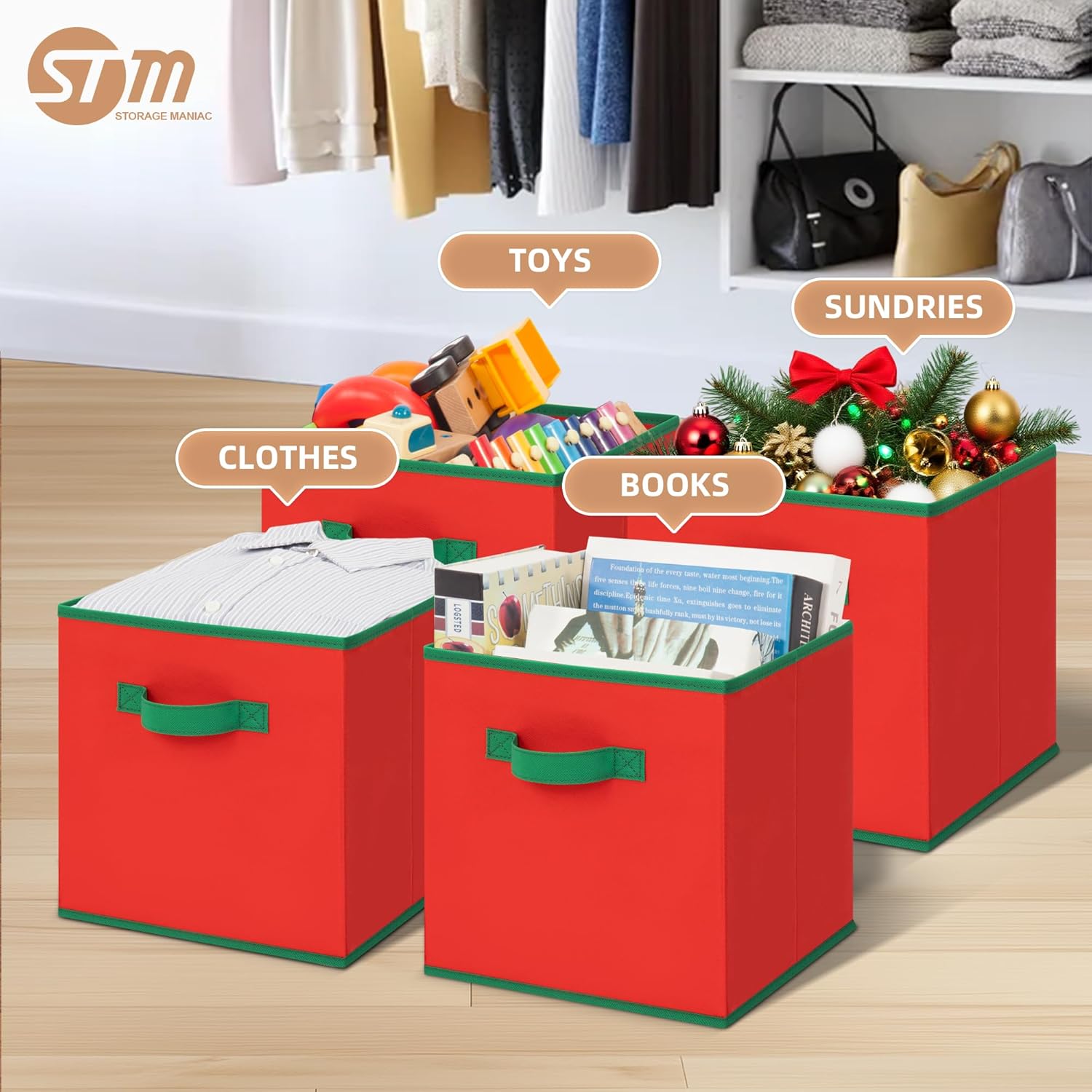 Storage Maniac Storage Cubes - Durable 11-Inch Foldable Bins | 6-Pack Red Organizers for Home & Office
