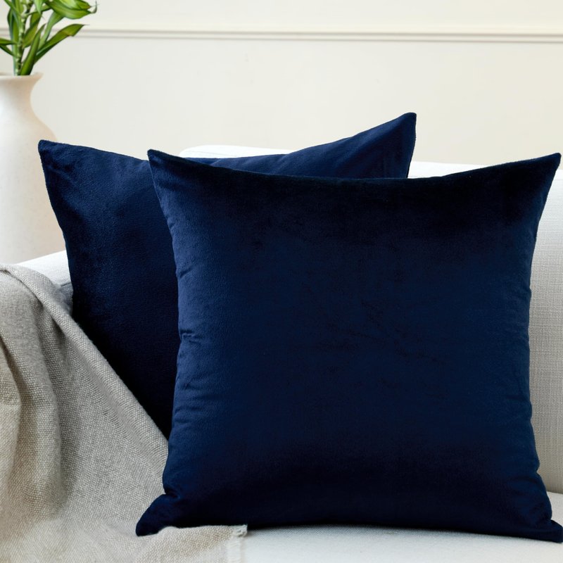 Encasa XO Velvet Throw Pillow Covers 22x22 in (55x55 cm) - Navy Blue - No Inserts, Pack of 2 Cases | Solid Plain Dyed Soft & Smooth, Square Decorative Cushion Covers for Living & Bedroom