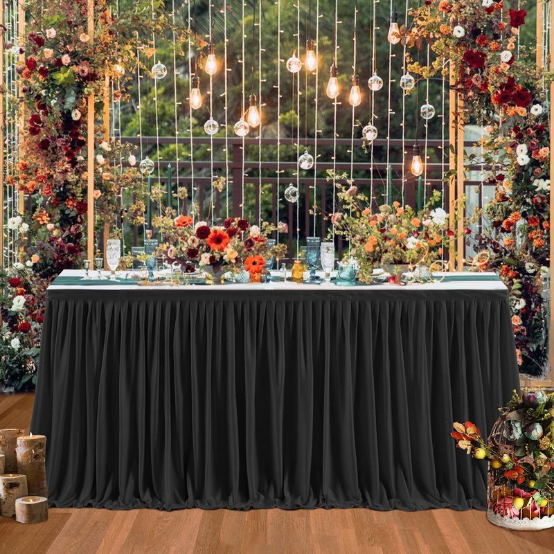 Little Funny Black Table Skirts for Rectangle Tables - 6ft Polyester Tablecloth Skirt with Ruffle for Birthday Party, Banquet, Wedding, Bridal Shower Decorations Desk Skirt for Teacher Desk