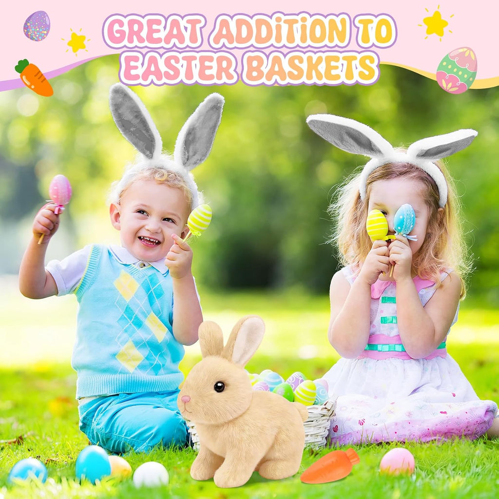 Skiennix Realistic Bunny Toy - Interactive Hopping Rabbit Set with Headband, Electric Sounds & Movements, Brown
