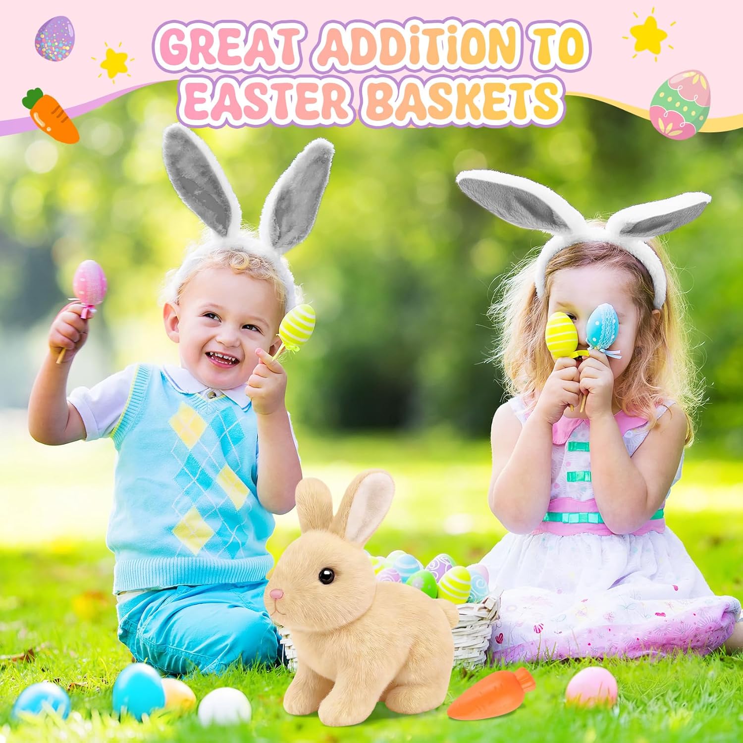 Skiennix Realistic Bunny Toy - Interactive Hopping Rabbit Set with Headband, Electric Sounds & Movements, Brown