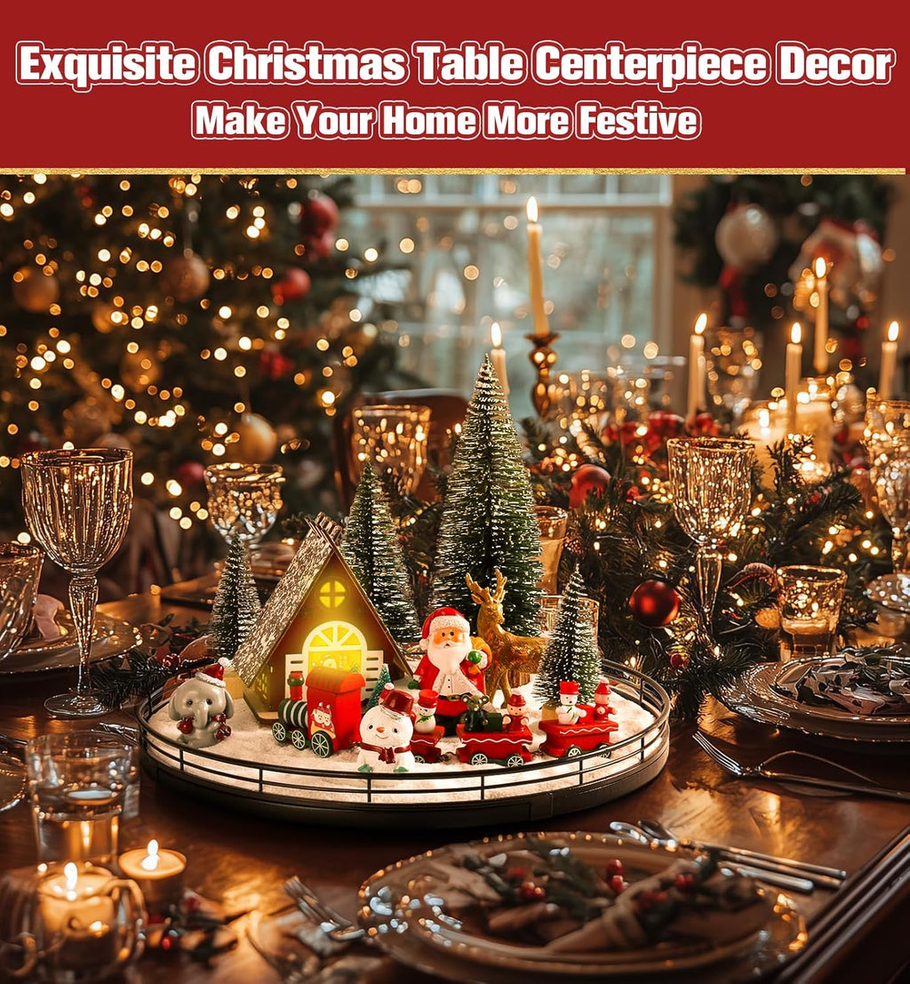 Oroyutor Christmas Village Set - 12 Pcs Oak Wooden Lazy Susan with Santa Train & Trees | 13" Holiday Decor