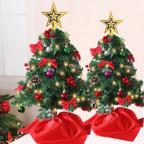 Juegoal Mini Christmas Tree Set - 24 Inch Tabletop Artificial Trees with 50 LED Lights & Ornaments