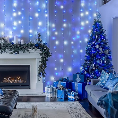 JMEXSUSS 300LED Christmas Curtain Lights - Remote-Controlled Blue & White Fairy Lights | 9.8x9.8ft Indoor/Outdoor Decor