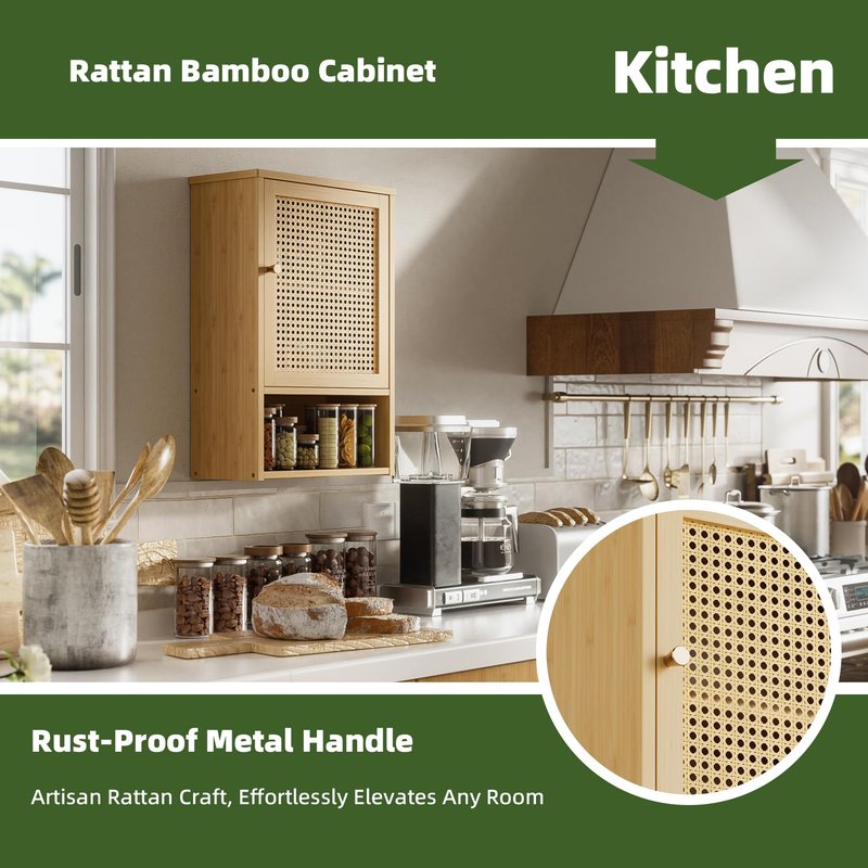 vovala Bathroom Wall Cabinet, Bamboo Over-The-Toilet Storage Organizer with Rattan Doors and Adjustable Shelf, Space Saver Medicine Cabinet for Laundry, Kitchen, Living Room (Natural)