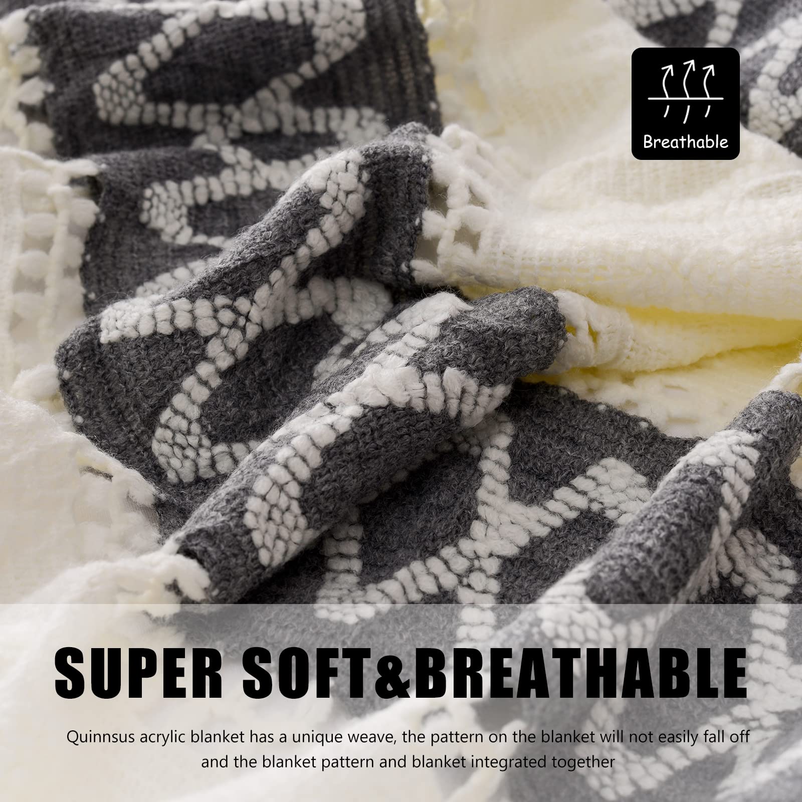 Quinnsus Knit Soft Lightweight Decorative Bed Throw Blankets, Jacquard Textured Boho Summer Throw Blanket with Tassels for Bed, Sofa and Living Room (Grey, 50 x 60 inches)