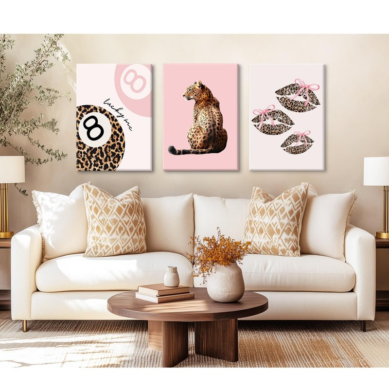 Pink Cheetah Wall Art Decor Leopard Preppy Trendy Canvas Poster Fashion Aesthetic Room Decor Y2k 8 Ball Prints Coquette Bow Picture Pink Lucky Painting for Dorm Girl Bedroom 16x24x3 Inch Ready to Hang