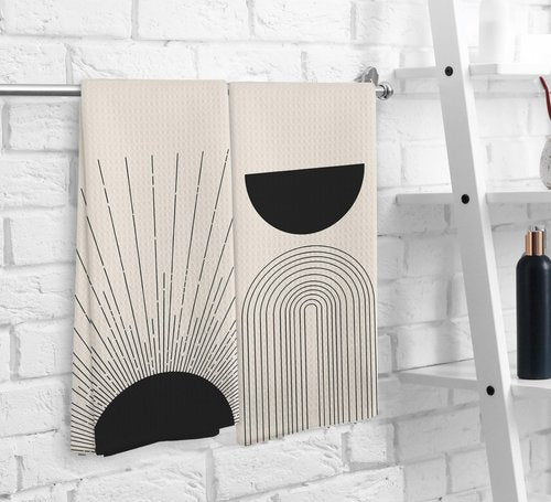 Black Boho Sun Sunray Geometric Arch Semi Circle Kitchen Towels and Dishcloths Set of 2, Absorbent Drying Cloth Hand Towels Tea Towels for Bathroom Kitchen, Gifts for Women Girls, 1624 inches