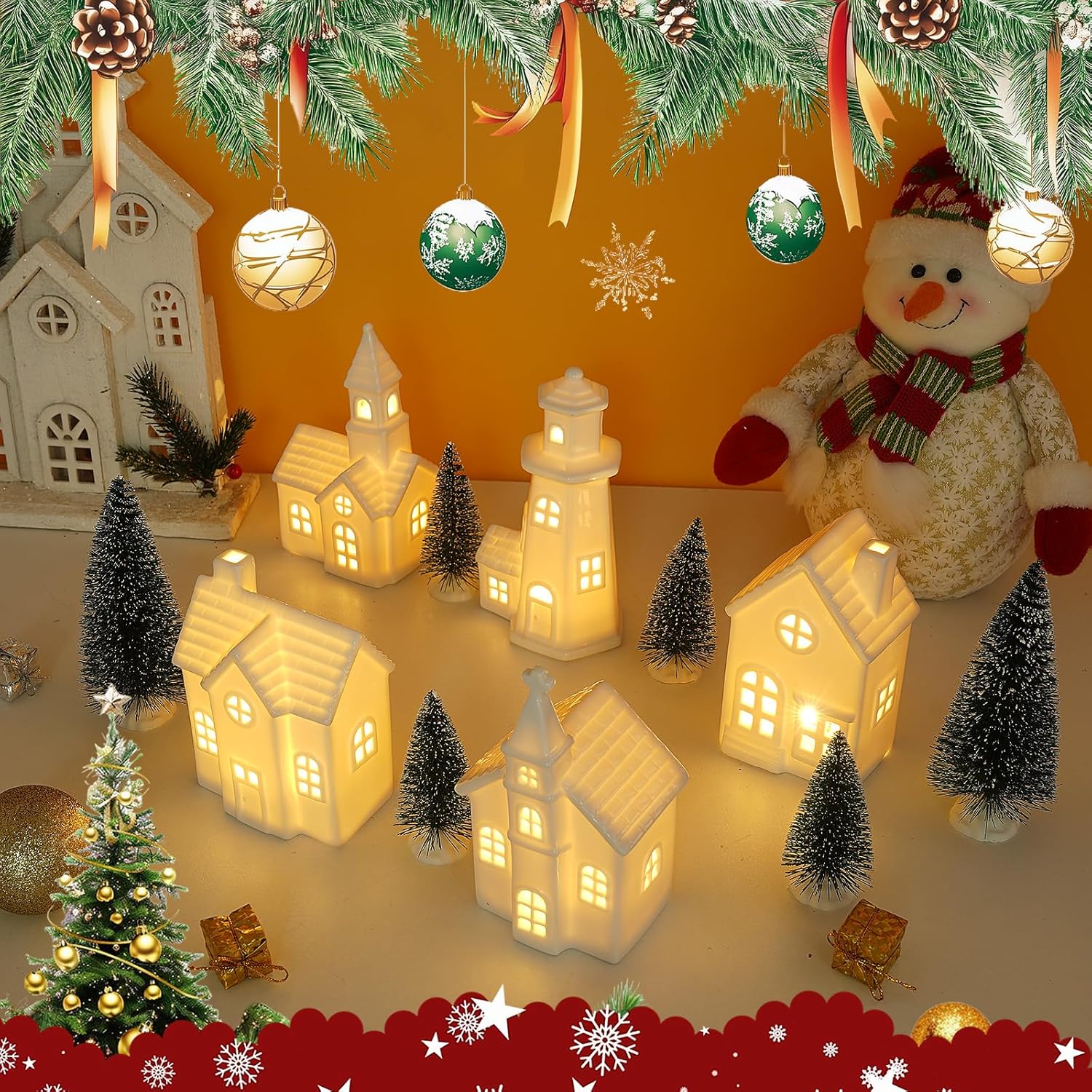Skiennix 11-Piece White Ceramic Christmas Village Set - Light-Up Porcelain Houses with Timer for Festive Home Decor