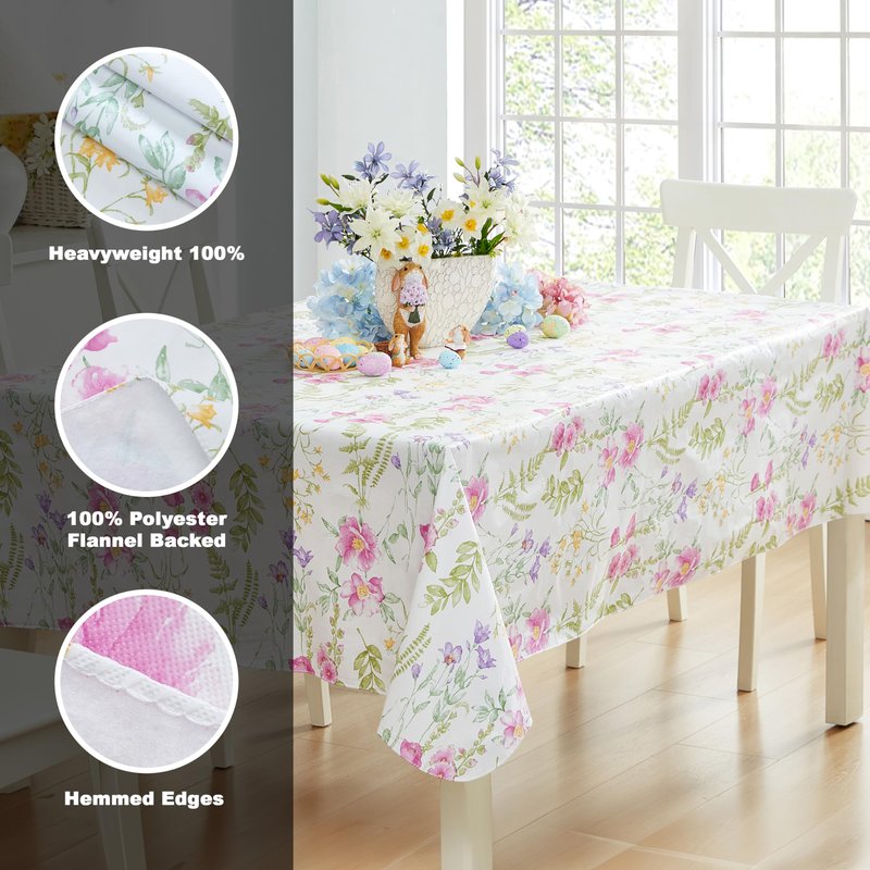 Newbridge Wildflower Fields Floral Vinyl Flannel Backed Tablecloth, 60 x 84 Inch Rectangle, Pink and Purple Wild Flowers Easy Care Vinyl Tablecloth with Flannel Backing for Holiday Party