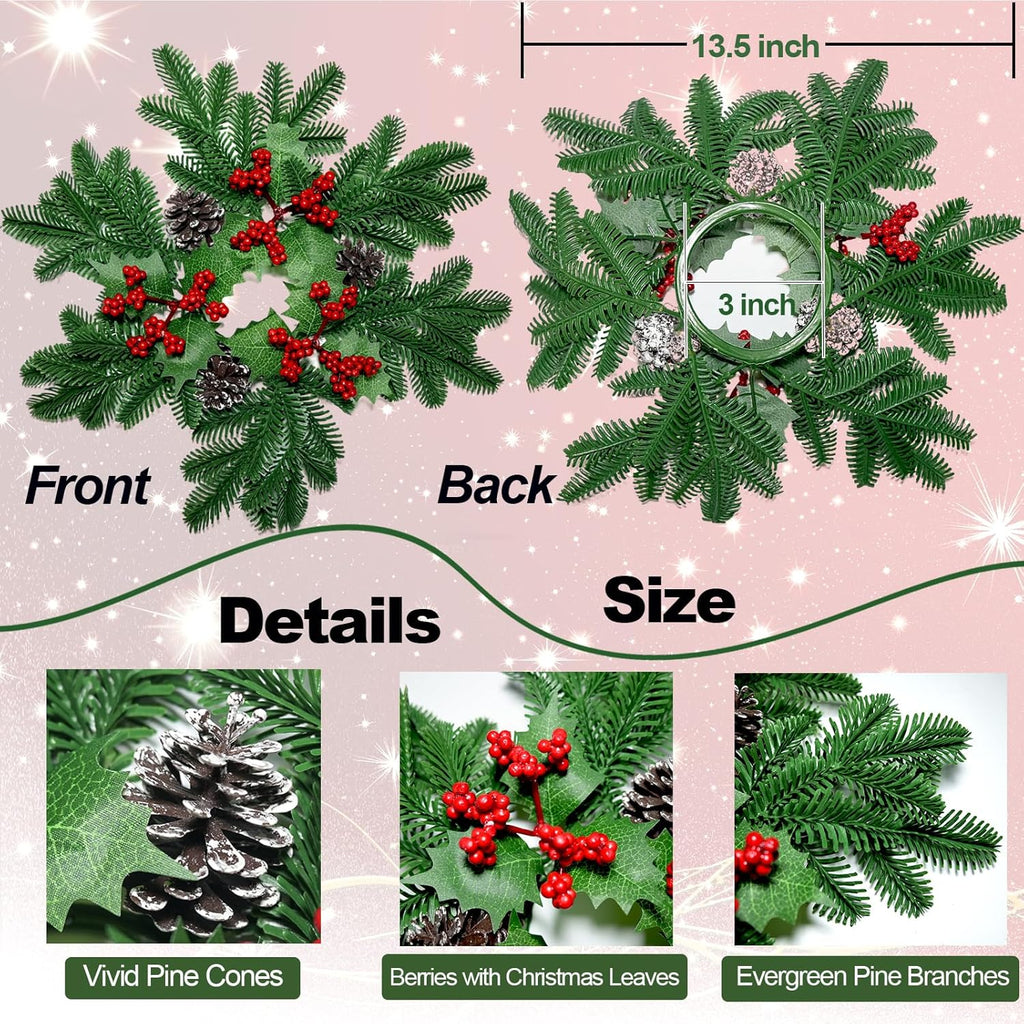 Skiennix Christmas Small Wreaths - 3 Pcs 13.5 Inch Pine Candle Rings for Table Centerpieces & Home Decor