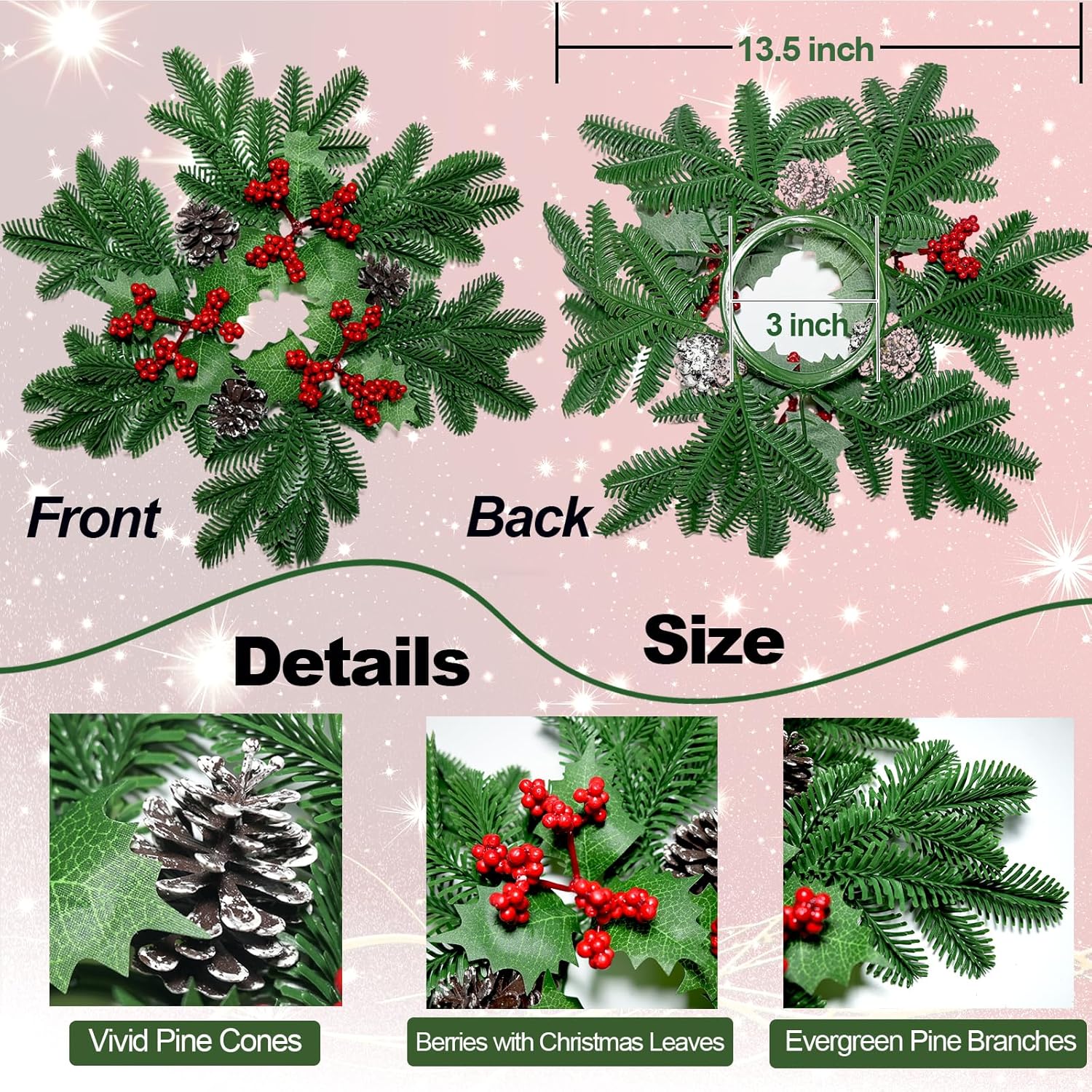 Skiennix Christmas Small Wreaths - 3 Pcs 13.5 Inch Pine Candle Rings for Table Centerpieces & Home Decor