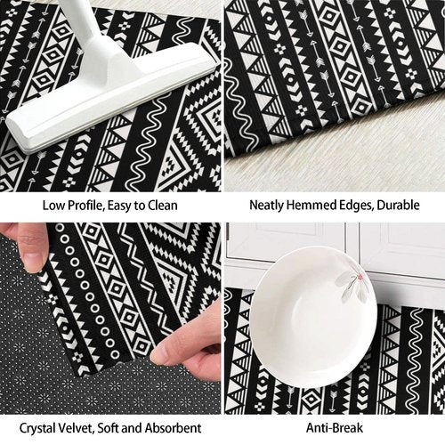 Ideasonna Black Boho Kitchen Rug Mat Decor Black and White Kitchen Rugs Sets of 2 Non-Slip Washable Kitchen Mats for Floor 2 Piece