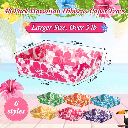 Nitial 48 Pcs Hibiscus Party Paper Food Trays Disposable Luau Party Food Boats Hawaiian Themed Decorations 5 lb Hawaiian Tray for Hibiscus Tropical Theme Supplies
