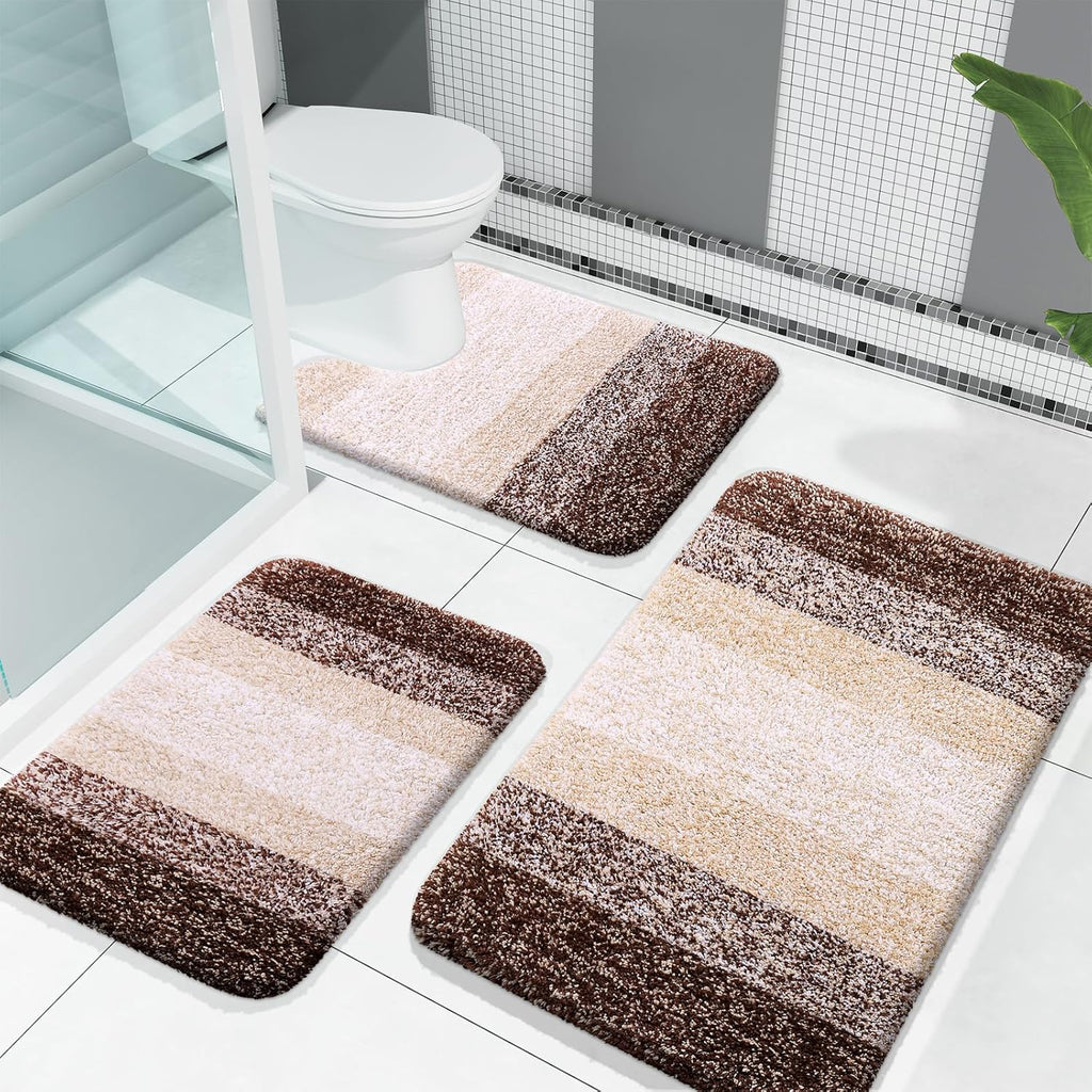 OLANLY Bathroom Rugs Set - Soft Absorbent Microfiber Mats with U-Shaped Contour Rug | 3-Piece Brown Set (30"x20", 24"x16", 24"x20")