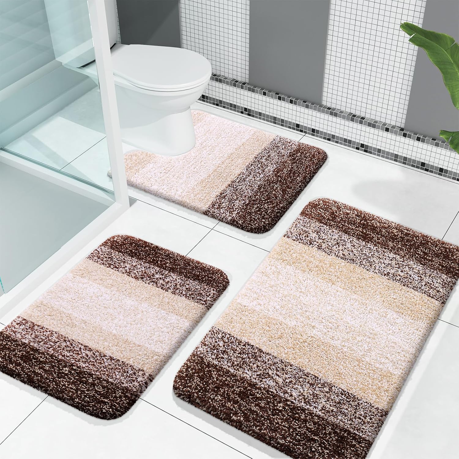OLANLY Bathroom Rugs Set - Soft Absorbent Microfiber Mats with U-Shaped Contour Rug | 3-Piece Brown Set (30"x20", 24"x16", 24"x20")