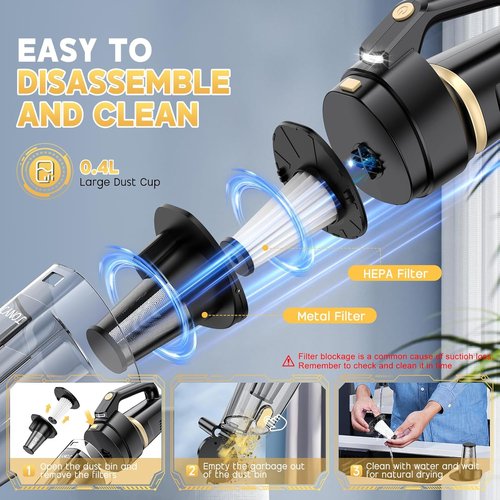 JONYJ Cordless Handheld Vacuum - 16000PA Strong Suction, Portable & Rechargeable with Multi-Nozzles | Ideal for Home, Car & Pets