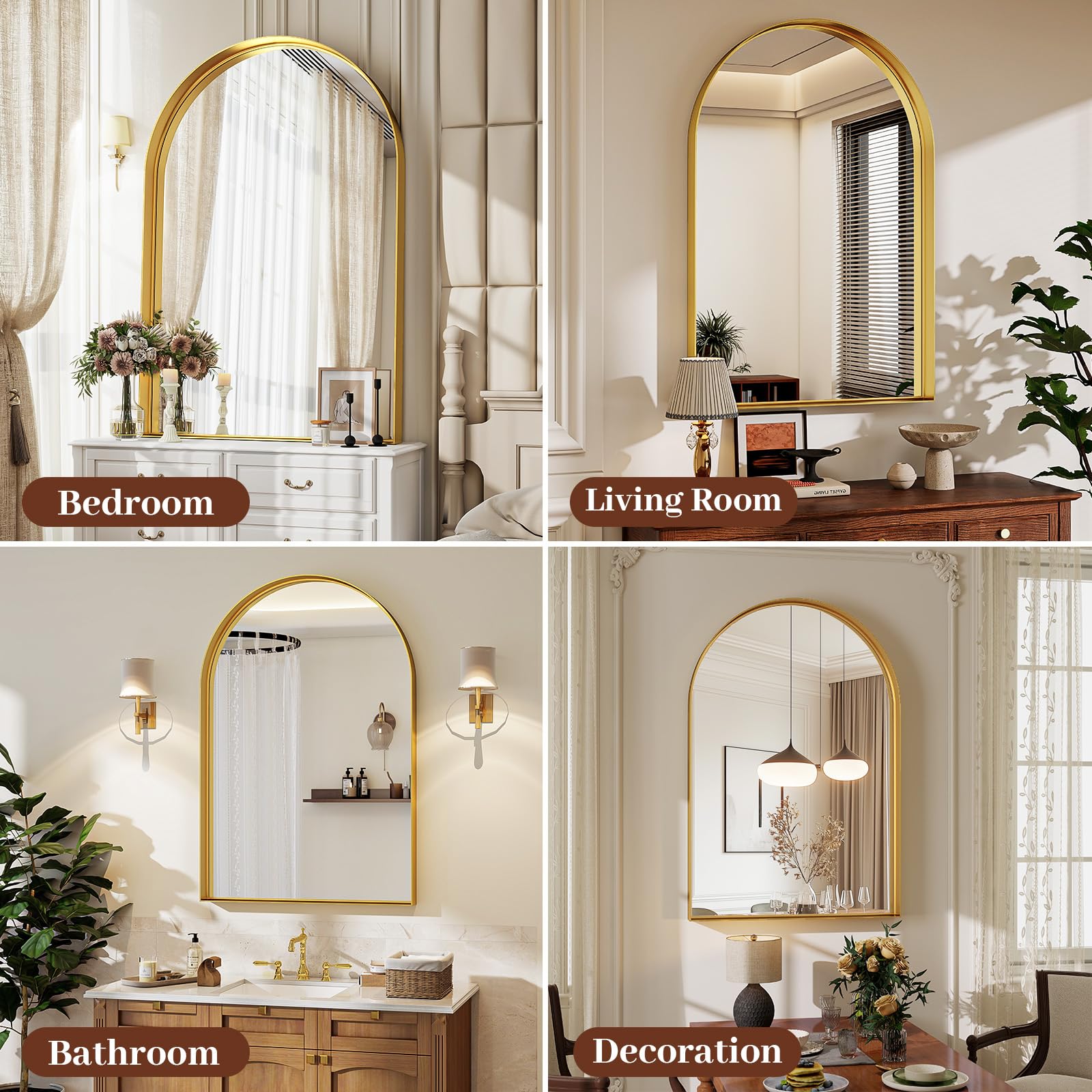 Riskioir 20" x 30" Luxury Arched Bathroom Mirror - Arch Wall Mirror with Shatterproof Tempered Glass and Metal Deep Frame, Hanging or Leaning for Living Room, Dresser, Entrance and Hallway, Gold