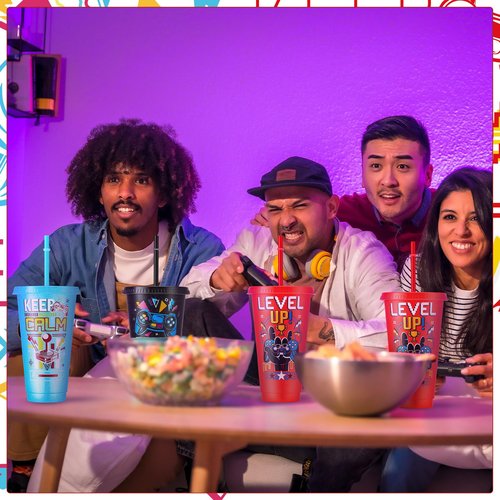 XLSXEXCL 12 Pcs Gamer Party Cups with Lids and Straws Video Game Tumbler 24 oz Plastic Drinking Cups for Gaming Party Favors