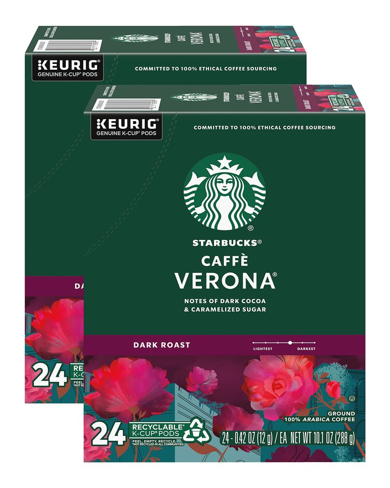 Starbucks Coffee K-Cup Pods, Caffè Verona, Dark Roast Coffee, Notes of Dark Cocoa & Caramelized Sugar, Keurig Genuine K-Cup Pods, 24 Count (Pack of 2)