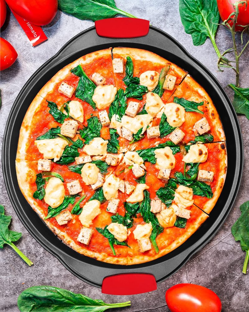 NBFTLTOP Pizza Pan 12 Inch for Oven, Pizza Steel Pan with Heat-insulating Silicone Handle, Nonstick Pizza Tray with Holes and No Holes Set, Round Pizza Baking Pan 2pcs, Gray