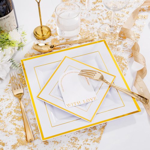 Liacere 100PCS White and Gold Square Plastic Plates-50PCS Heavy Duty 9.5inch White Dinner Plates and 50PCS 6inch White Dessert Plates - Gold Plastic Plates for Party & Christmas & New Year