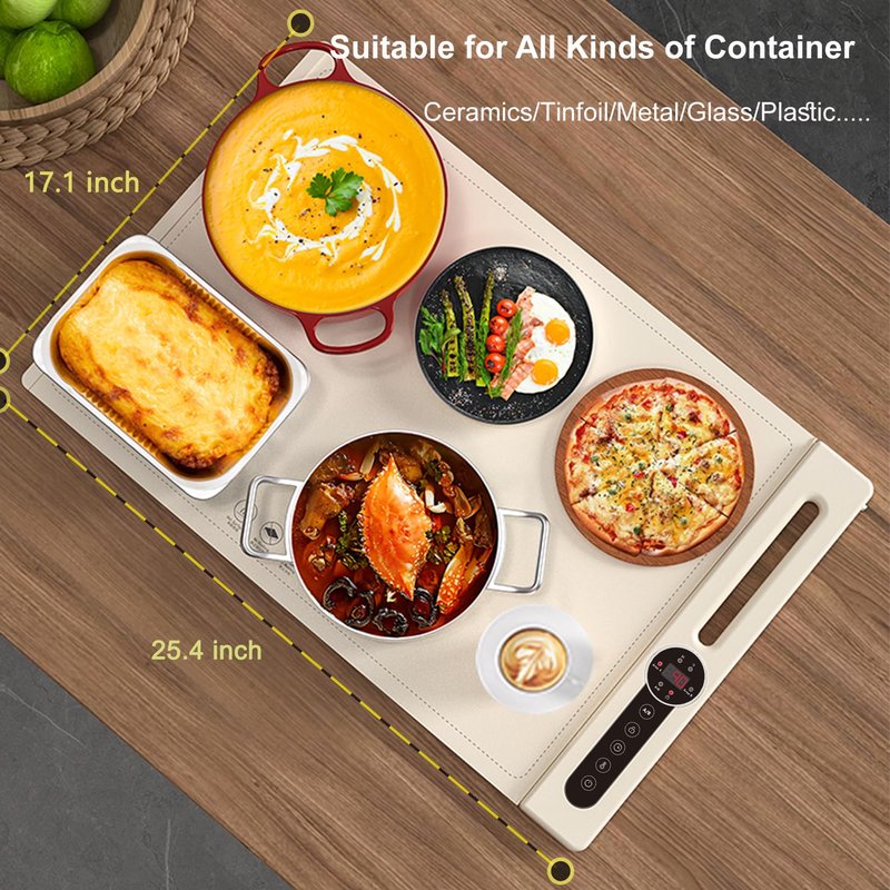 RawecuDex Food Warming Mat 2025, Thicken Fast Heating Silicone Electric Warming Tray, 2 Heating Areas, 7 Level Temperature and 6 Timer, Food Heating Mat for Countertop Parties Home Travel