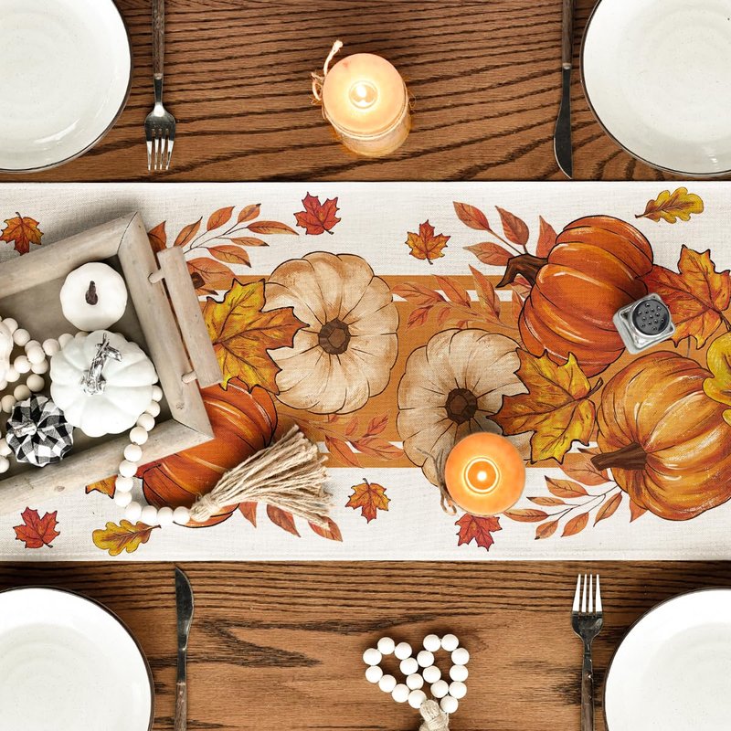Artoid Mode Orange Pumpkin Maple Leaf Stripes Fall Table Runner, Seasonal Autumn Kitchen Dining Table Decoration for Home Party Decor 13x90 Inch