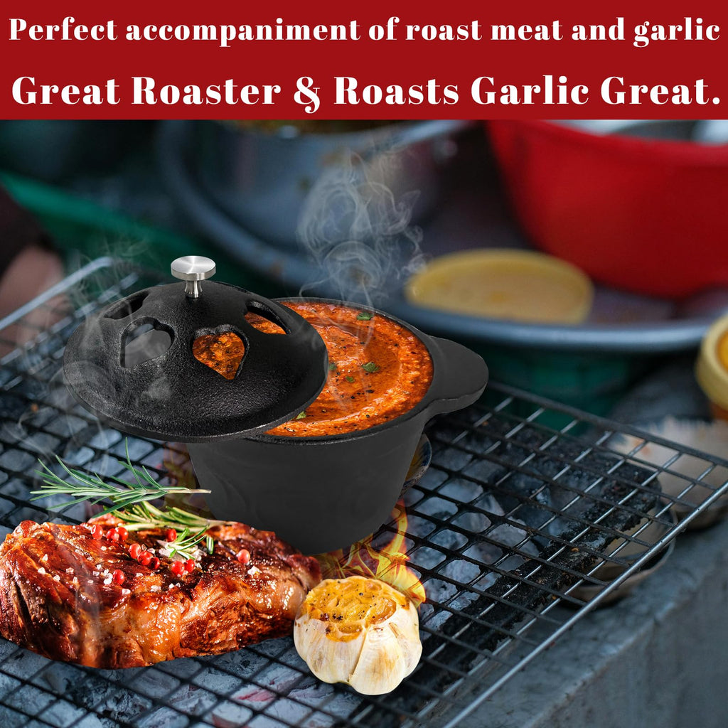 BOLVOUD Cast Iron Smoker Roaster & Garlic Roaster Baker, Pre-Seasoned Dutch Oven, Gourmet Herb Garlic Roaster for Grill Oven, Triple Moon Cast Iron Cauldron with Lid, Wood Chip Smoker Box BBQ Grill