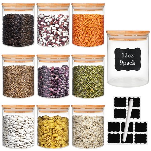 Glass Food Storage Containers Jars with Airtight Bamboo Lid 12 oz 9 pcs, 340 ml Pantry Organization Jar, Glass Terrarium with Lid, Spice, Flour and Sugar Container, Canister Set for Kitchen Counter
