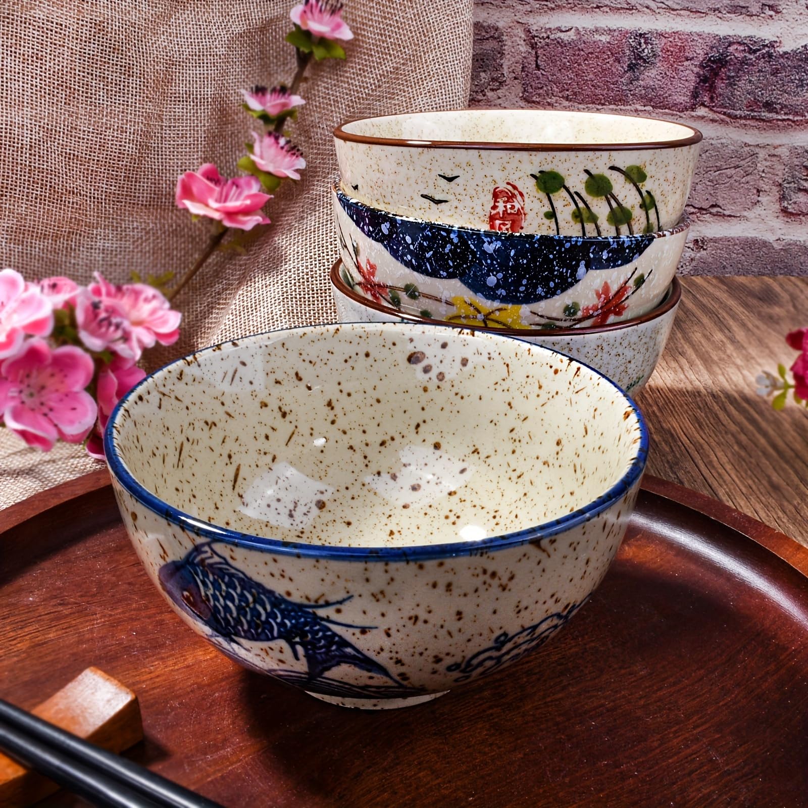 Whitenesser Japanese Retro Rice Bowls Set of 4 Hand-Painted Floral Design Ceramic Soup Sushi Bowls Small Cute Bowls
