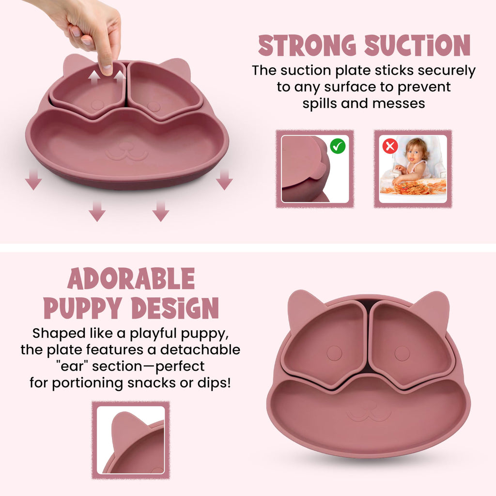 Baby Feeding Essentials, Baby Led Weaning Supplies, Silicone Baby Feeding Set, with Baby Spoon, Fork, Baby Bib, Sippy Cup, Suction Plate, Suction Bowl, Baby Eating Essentials, 6+ Months (Dark Pink)