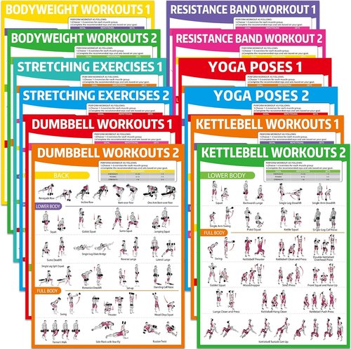 gisgfim 12PCS Workout Posters - Full Body Exercise Charts for Home Gym | Dumbbells, Yoga, Resistance Bands