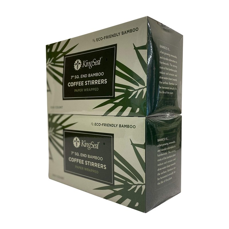 1000 Count | KingSeal Individually Paper Wrapped Bamboo Coffee Stir Sticks, 7 inches, Square End, 100% Renewable and Biodegradable - 2 Boxes x 500 Stirrers