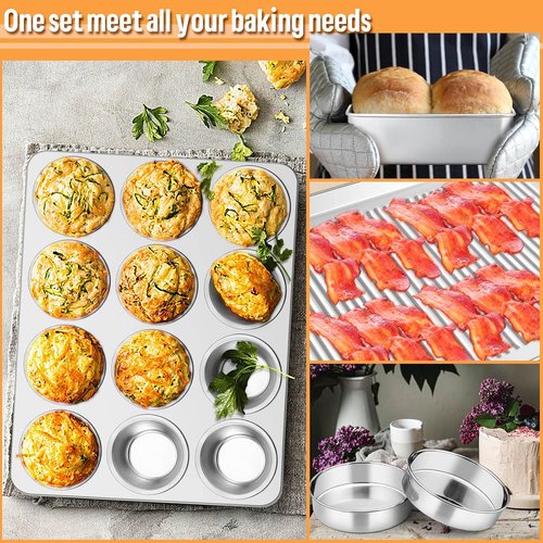 E-far 6-Piece Stainless Steel Baking Pans Set - Non-Toxic, Heavy Duty Bakeware for Oven | Includes 8-Inch Cake Pan, Cookie Sheet, Muffin & Loaf Pan