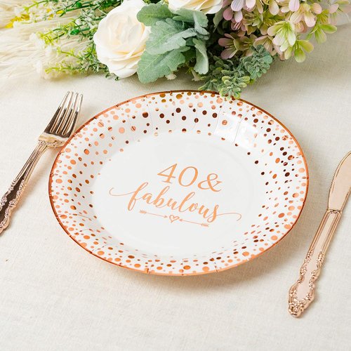 Crisky 40 Fabulous Disposable Plates for Women 40th Birthday Decorations Rose Gold Dessert, Buffet, Cake, Lunch, Dinner, Party Table Supples, 50 Count, 9 inches