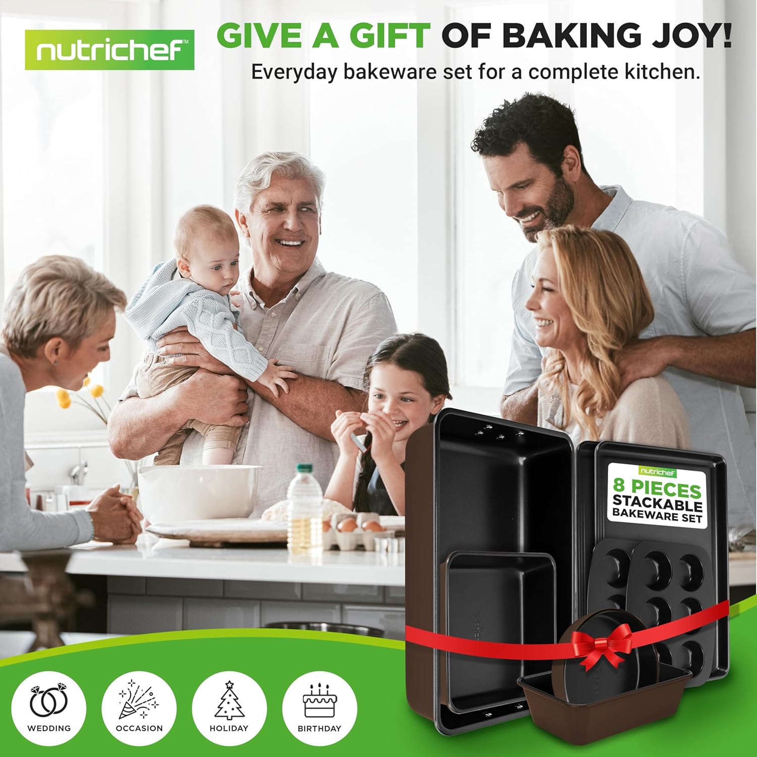 NutriChef 8-Piece Nonstick Bakeware Set - Non-Toxic Carbon Steel Trays with Cookie Sheet, Muffin, Loaf, Cake, Round & Square Pans - Easy to Clean & Oven Safe - Brown