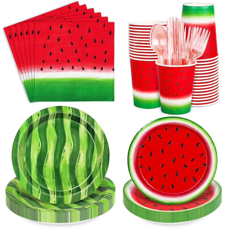 FYSUIMU Watermelon Party Supplies Kit Summer One in a Melon Tableware Set Disposable Paper Plates Cups Napkins Forks Knives Spoons for 25 Guests Birthday Baby Shower