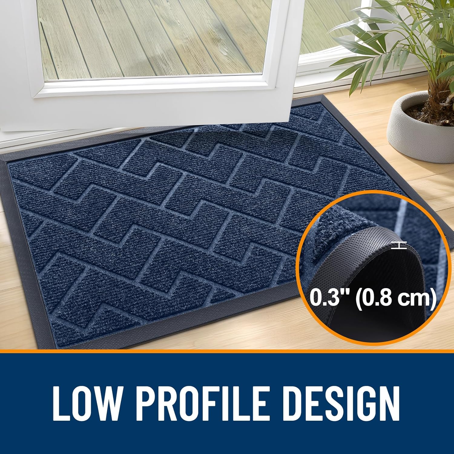 OLANLY Waterproof All-Season Front Door Mat - Sturdy Natural Rubber, Low Profile, Herringbone Brick (Blue, 47x17)