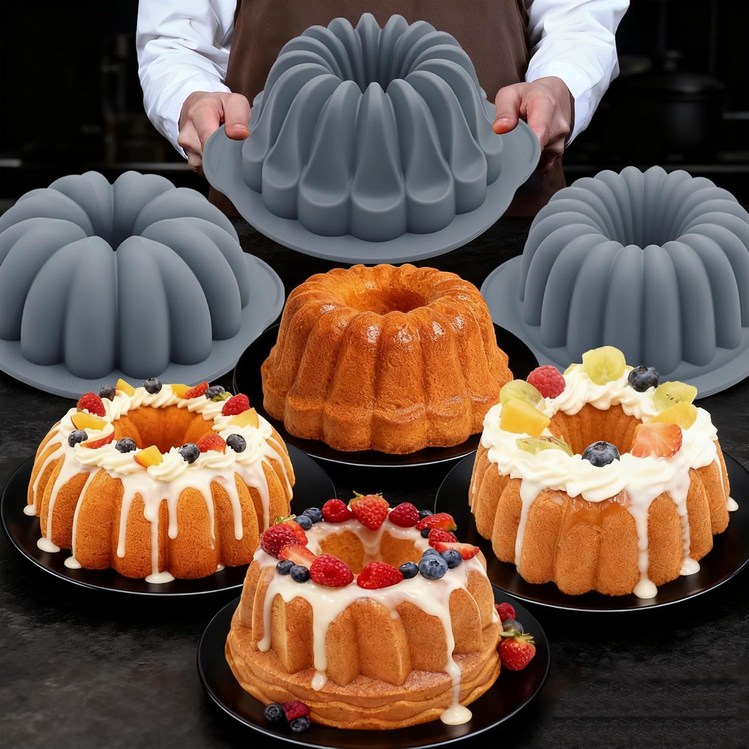 Tongjude Silicone Fluted Tube Cake Pans - 4-Piece Non-Stick Baking Set for Cakes & Jello, Grey