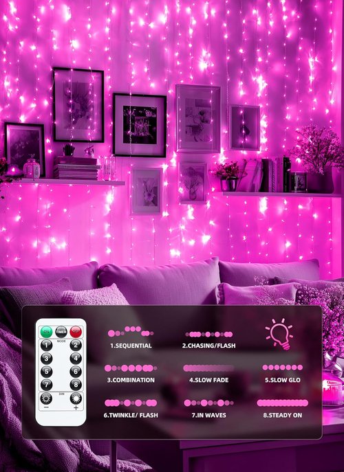 Brightown 300 LED Pink Fairy Curtain Lights - 9.8ft x 9.8ft String Lights with Remote & 8 Modes for Indoor/Outdoor Decor