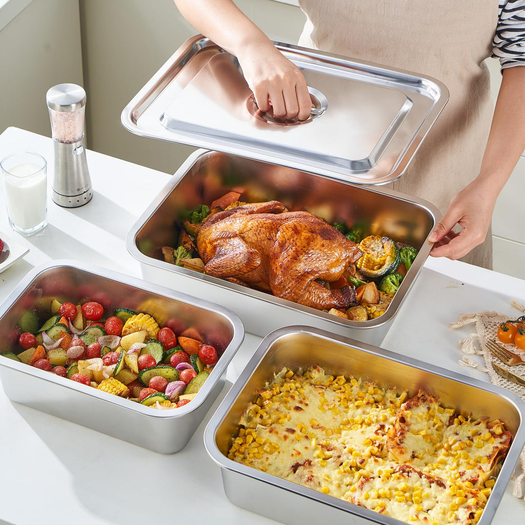 4-Piece 4 Inch Extra Deep Lasagna Baking Pan with Lid, 11x14 Inch 7.4QT Large Stainless Steel Nonstick Lasagna Baking Roasting Pans Casserole Dishes for Oven with Lids(M, 2 Pack)