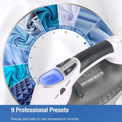 Beautural 1800-Watt Steam Iron - Digital LCD Screen, Ceramic Coated Soleplate, 9 Temperature Settings | Gray
