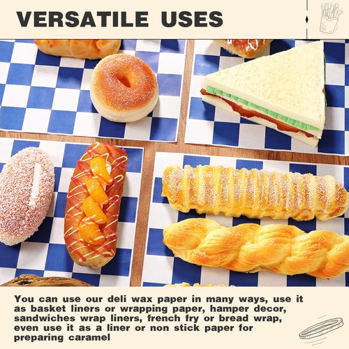 Colarr 1000 Pcs Waxed Paper Sheets Bulk 15 x 15 Inch Large Sandwich Wrapping Papers Checkered Deli Food Basket Liners for Burgers Bread Restaurant Barbecue Picnic(Dark Blue)