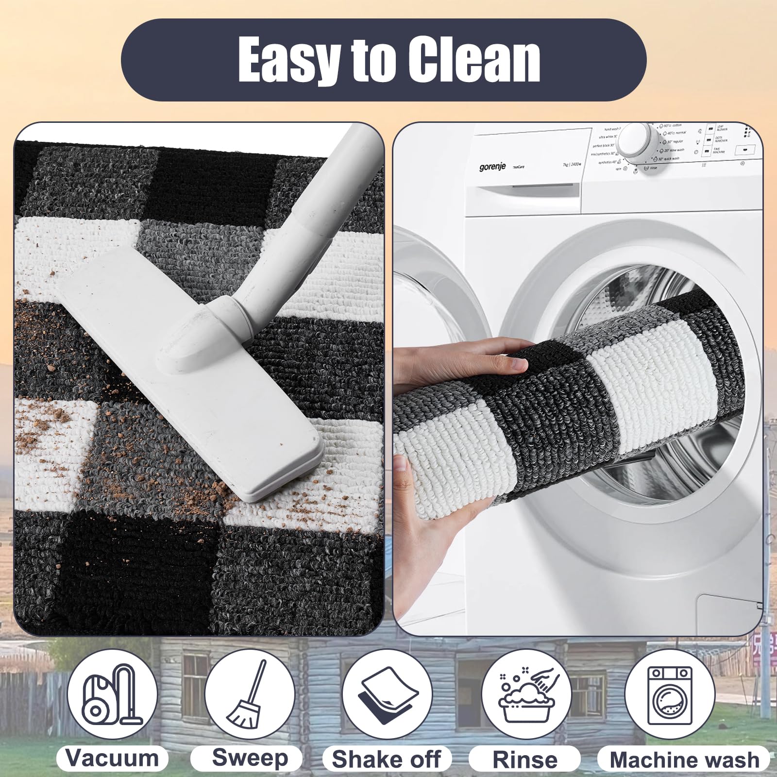 REFETONE Buffalo Plaid Rug 36"x59", Black and White Checkered Rug Rubber Backing Non-Slip Indoor Outdoor Rugs for Layered Door Mats, Washable Absorbent Carpet for Front Porch Farmhouse Entryway