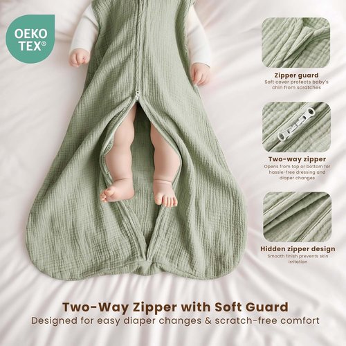 Konssy Muslin Baby Sleep Sack - 100% Cotton Wearable Blanket for Infants | 6-12 Months, 0.8 TOG, 2-Pack (Woodland, Sage)