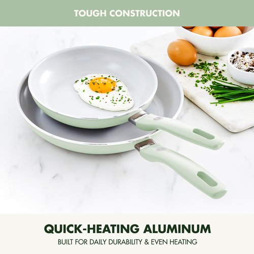 GreenPan Dover 8” & 10” 2 Piece Frying Pan Skillet Set, Non-Toxic PFAS-Free Ceramic Nonstick Coating, Sear Saute Fry Egg Omlete, Dishwasher & Oven Safe, Stay Cool Handle, Easy Pour Rims, Pastel Green