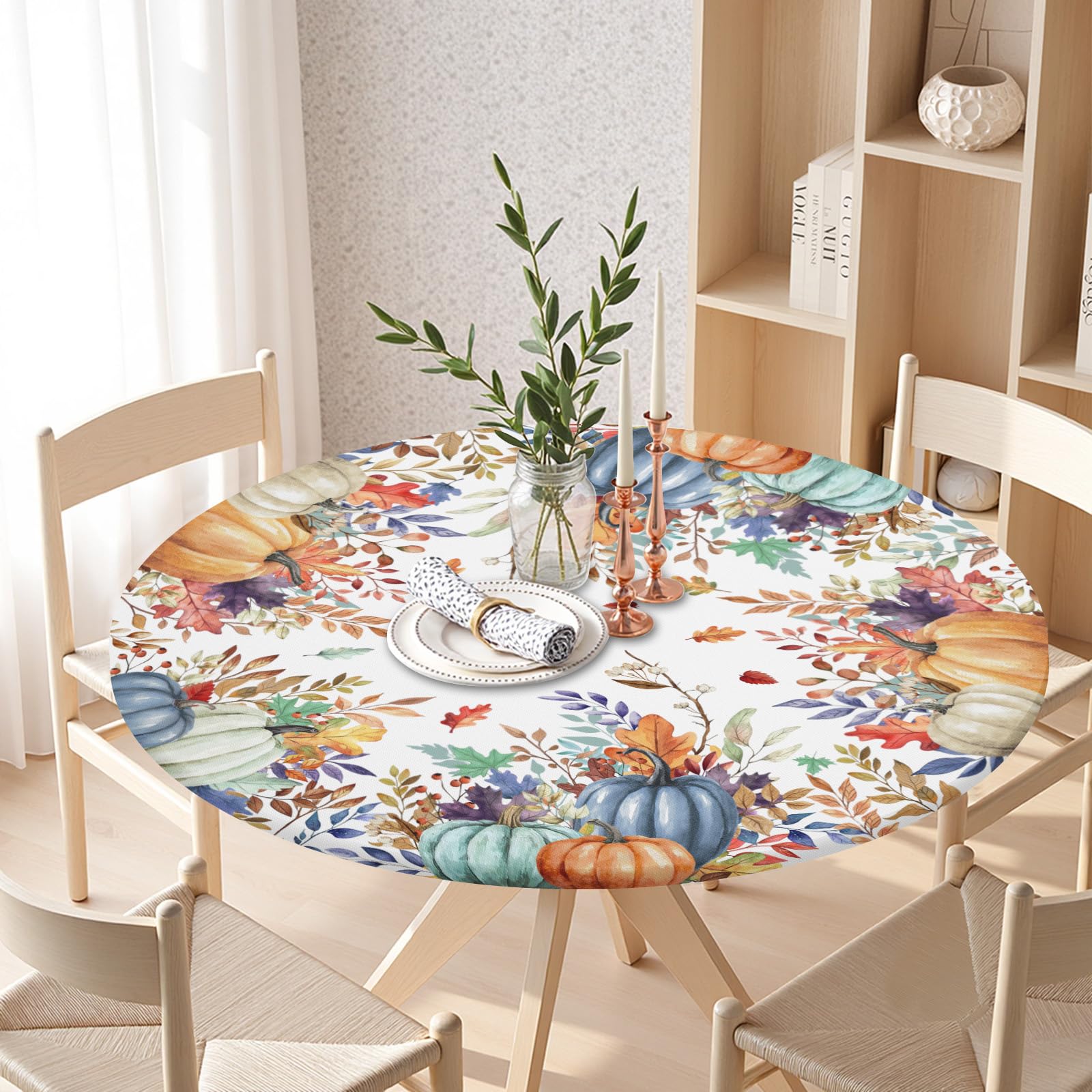 Fall Round Fitted Tablecloth with Elastic Edge,Water-Resistant Picnic Autumn Blue Orange Leaf Pumpkin Table Cover for 40-44" Found Tables Harvest Thanksgiving Table Cloth for Dinner,Outdoor,Patio